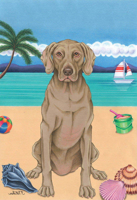 Weimaraner dog summer beach garden flag, seated dog portrait with sailboat and shells