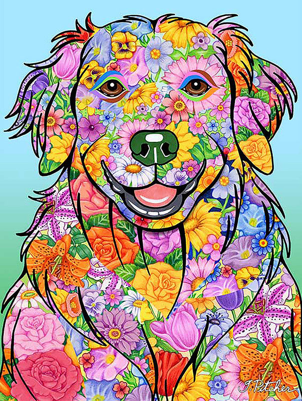 Garden flag with smiling golden retriever head covered in colorful flowers