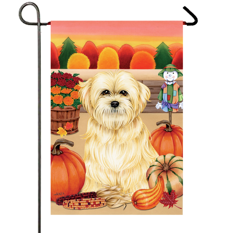 Garden flag featuring Lhasa Apso dog portrait with pumpkins and autumn leaves
