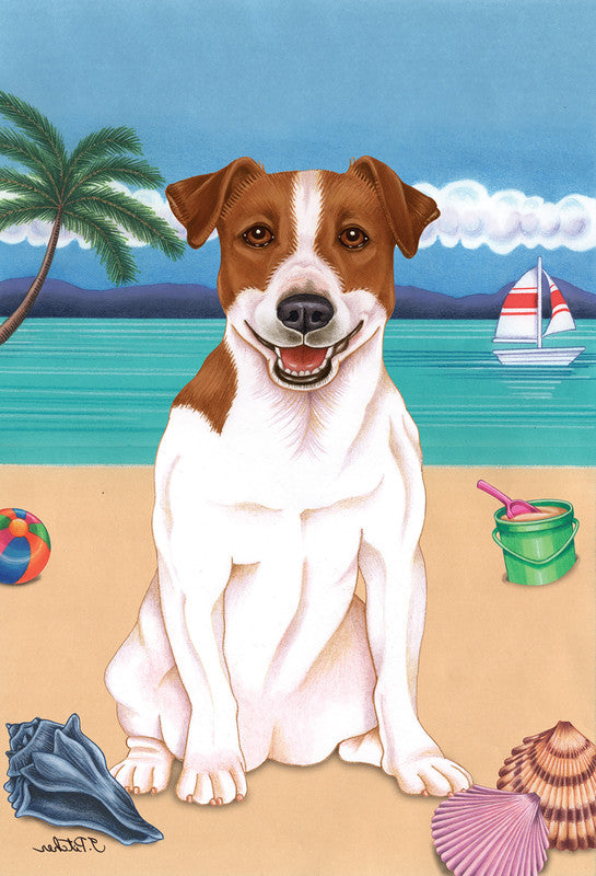 Jack Russell beach garden flag with a brown-and-white dog wearing a collar
