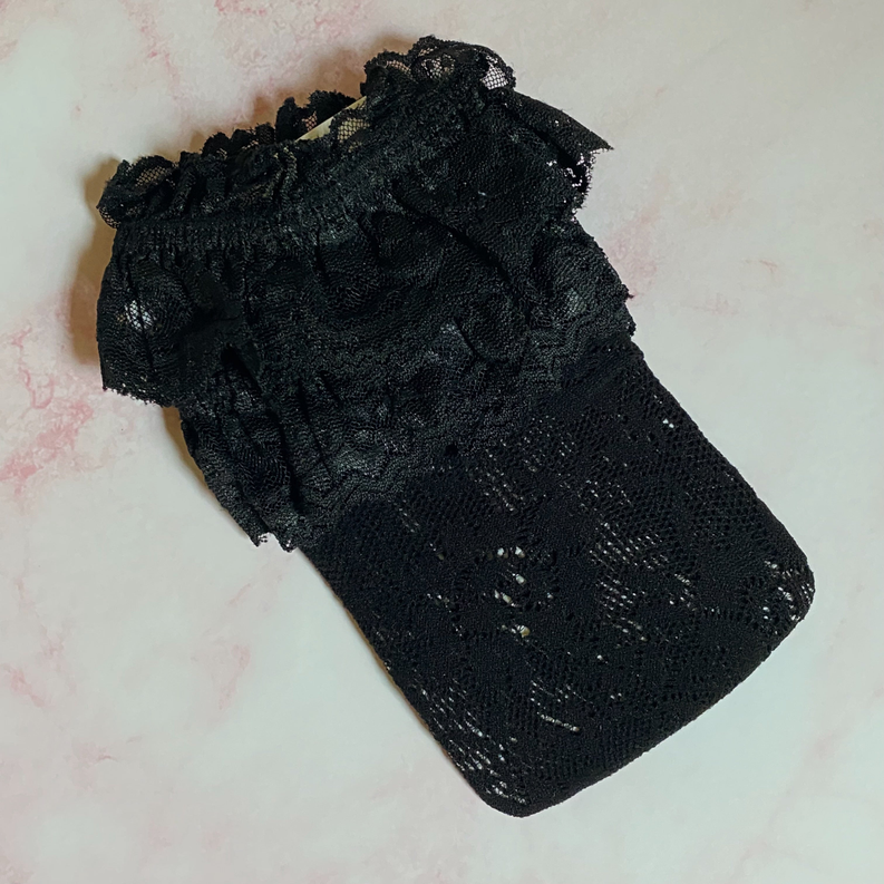 Black lace socks with textured knit pattern and ruffled cuff