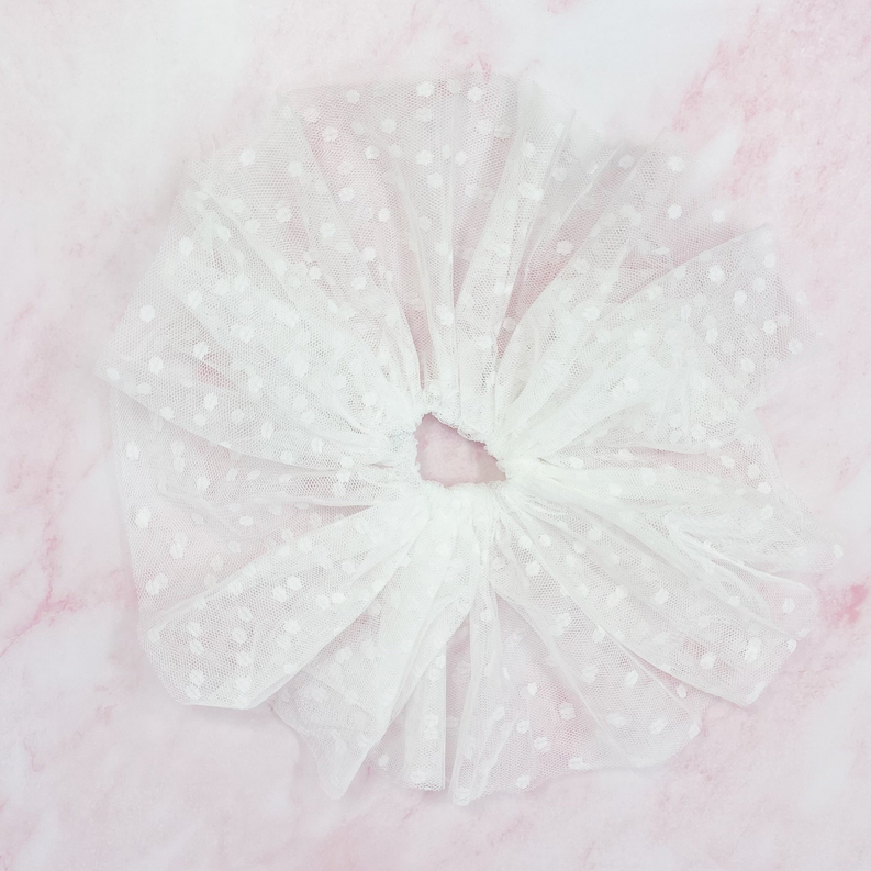 White romantic tulle hair scrunch with gathered ruffle and elastic center