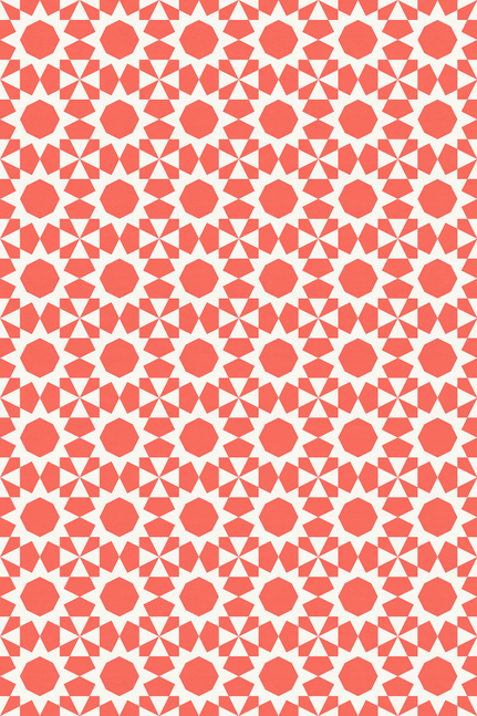 Vinyl floor covering featuring coral octagons and white starburst shapes