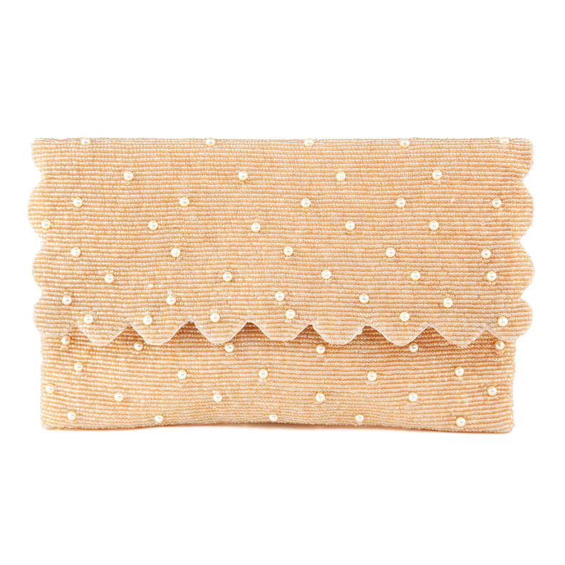 Orange sequin clutch bag with bead dots and scalloped top edge