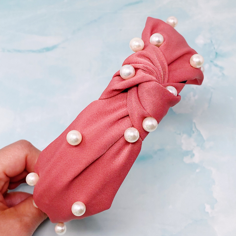 Red satin bow headband with faux pearl beads