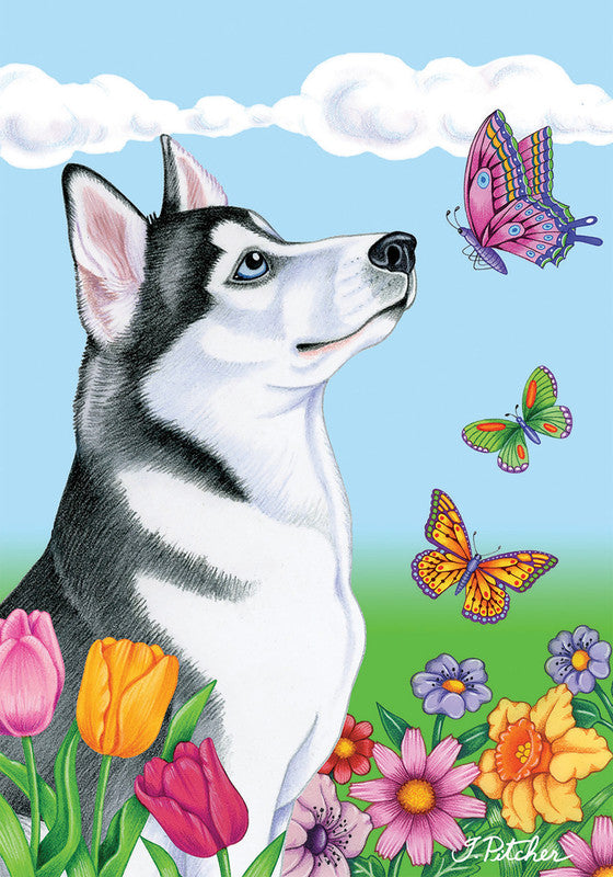 Black-and-white Siberian husky garden flag with colorful butterflies and flowers