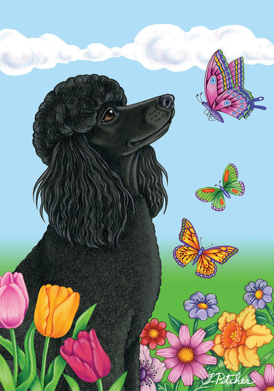 Welcome house and garden flag with black poodle-like husky, flowers, and colorful butterflies