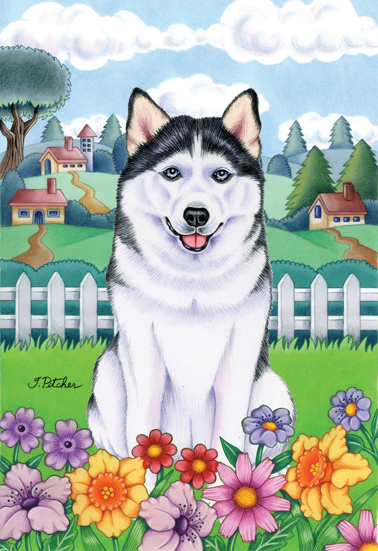 Black-and-white Siberian Husky portrait garden flag with flowers border
