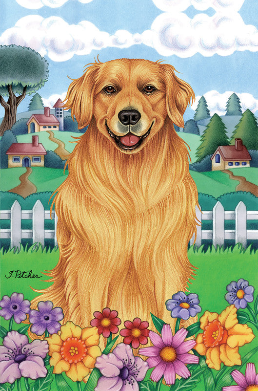 Great Dane portrait on summer garden flag with colorful flowers
