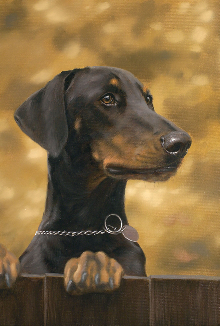 Doberman outdoor flag with detailed portrait of a black and tan dog wearing a chain collar