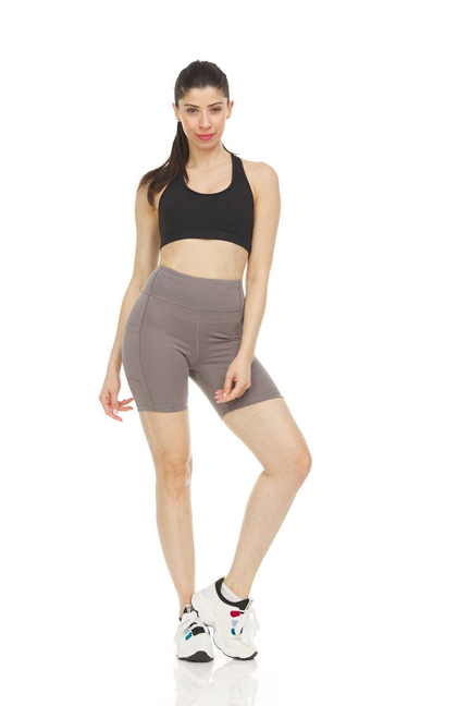 Women's high-waist yoga bike shorts in charcoal gray, tummy-control waistband