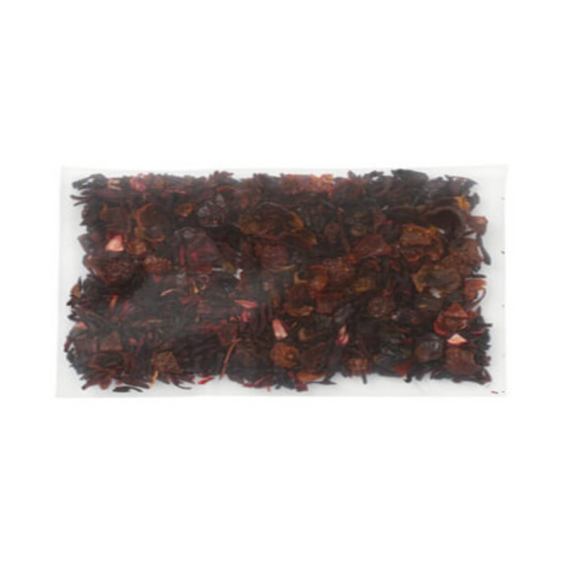 Herbal iced tea bags with dried loose hibiscus-berry tea blend in a packet