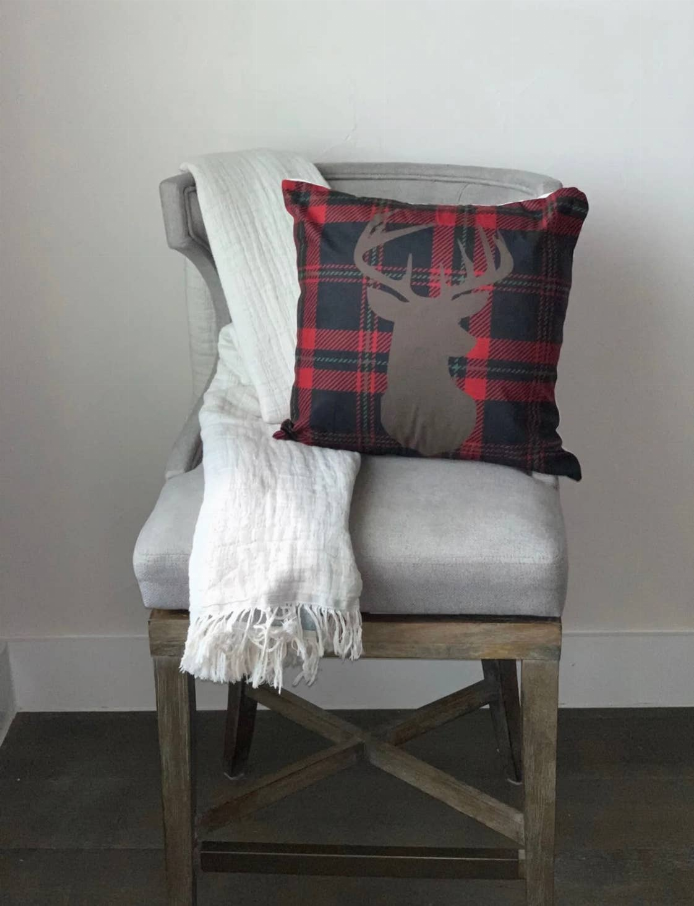 Plaid Christmas throw pillow cover with deer applique, red and black border on beige
