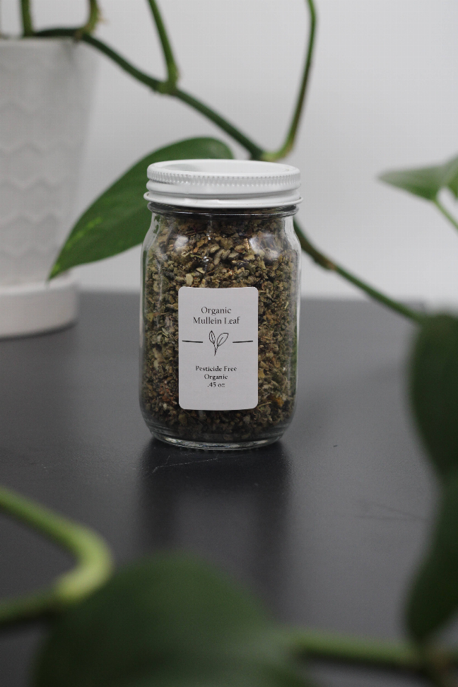 Organic mullein leaf jar with white screw-top lid and label, dried herb inside