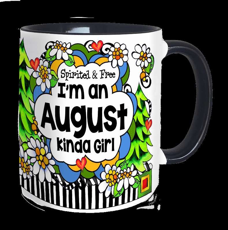 August ceramic mug with floral rainbow design, “I’m an August kind girl” text, black handle