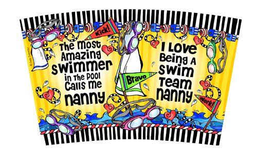 Yellow swim-themed stainless steel tumbler with playful graphics and nanny text