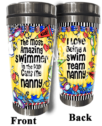 Set of two yellow swim-themed stainless steel tumblers with matching nanny text