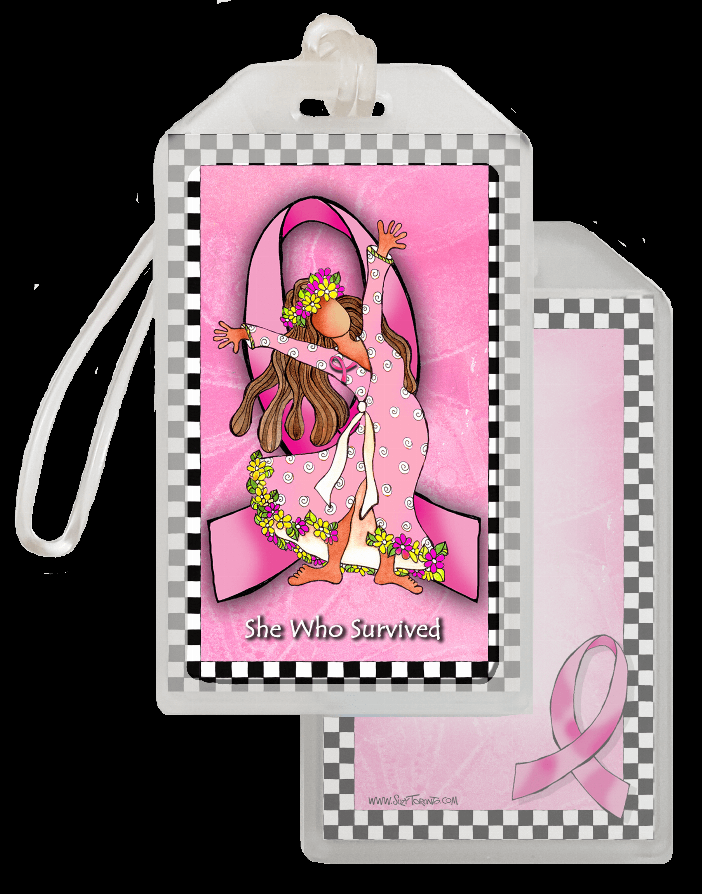 Wacky bag tag with pink ribbon graphic, checkered border, and fabric wrist strap