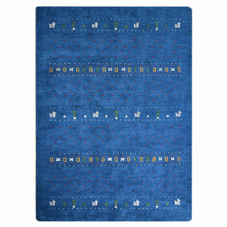 Blue rectangular area rug with dotted multicolor motifs in rows and bands