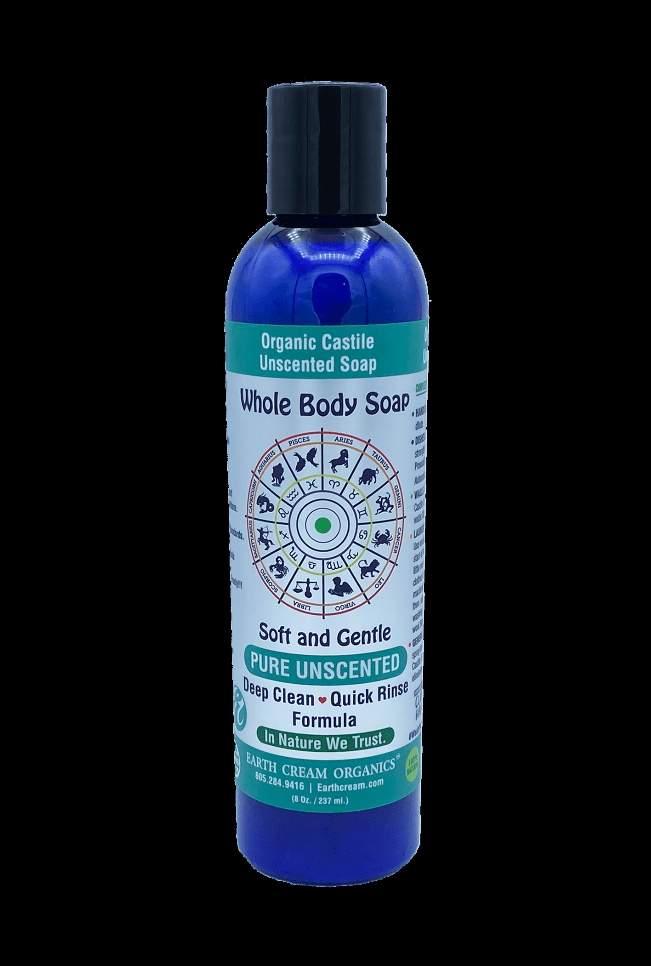 Unscented organic castile liquid soap bottle, blue with whole body soft and gentle label