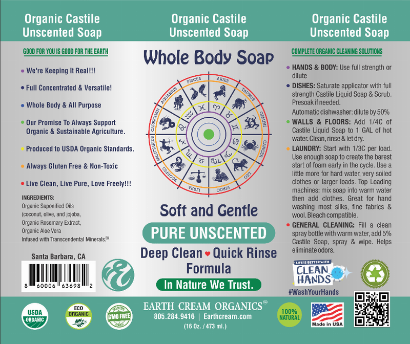 Organic castile unscented soap label: whole body, pure unscented, deep clean quick rinse