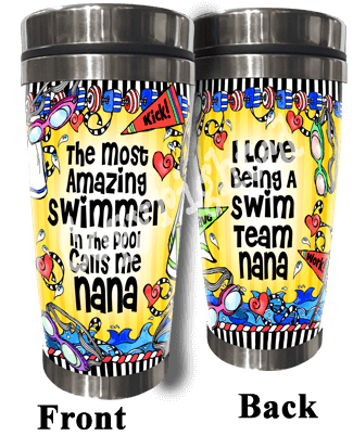 Stainless steel tumbler with yellow swim-themed cartoon graphics and motivational text