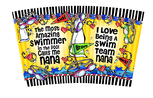 Stainless steel tumbler wrap with yellow swim team graphics, bold text, and border
