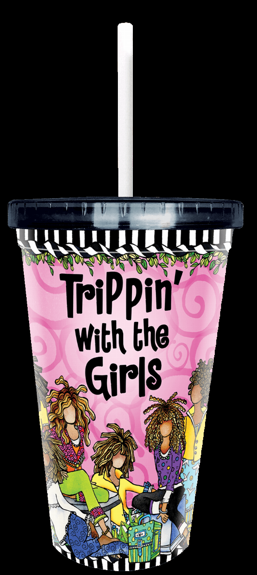 Tall printed drink cup with white straw, 'Trippin With the Girls' on pink background