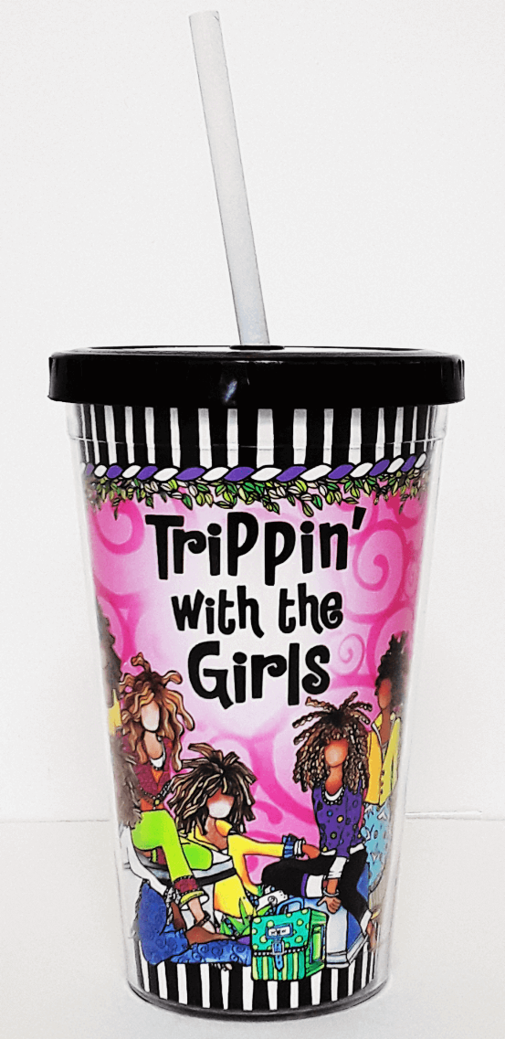 Printed drink cup with white straw and large 'Trippin With the Girls' title