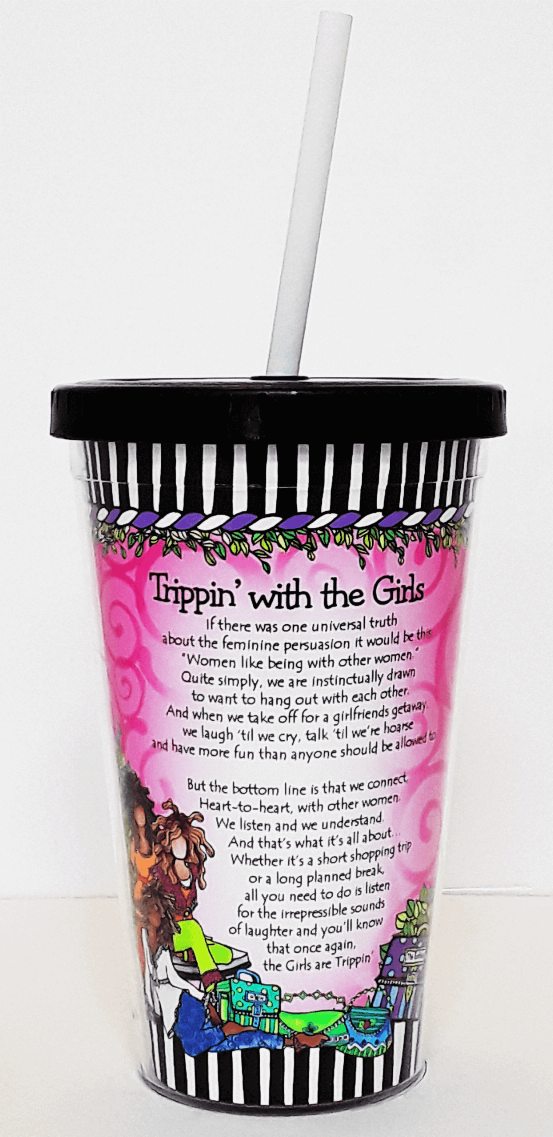 Pink printed drink cup with white straw, 'Trippin' with the Girls' quote