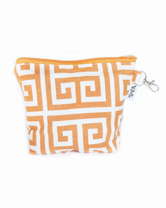 Mel Accessories bag, orange and white Greek key zip pouch with keyring clip