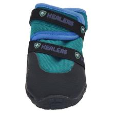 Teal dog bootie with black adjustable straps and blue top pull tab