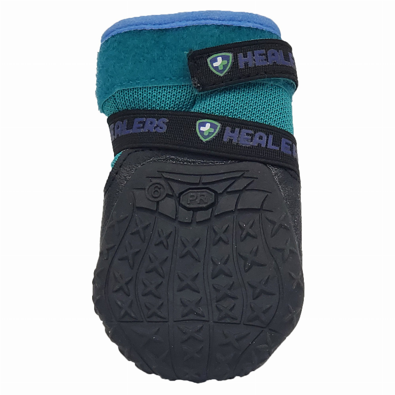 Teal and black dog bootie with cushioned cuff and textured rubber sole