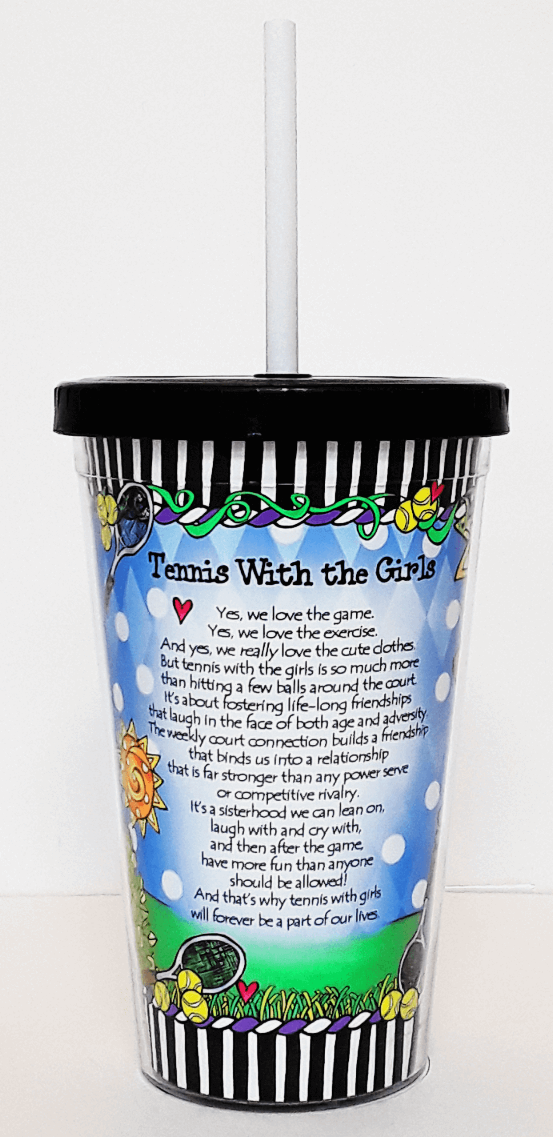 Tennis-themed plastic tumbler with lid and white straw, blue panel with poem text