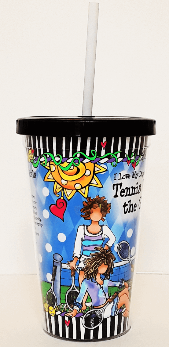 Tennis-themed plastic tumbler with lid and white straw, orange smiley tennis artwork