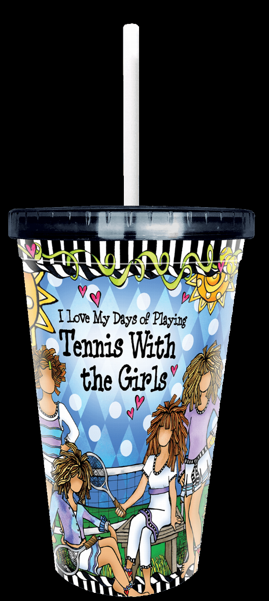 Tennis-themed plastic tumbler with lid and white straw, colorful girls illustration on front