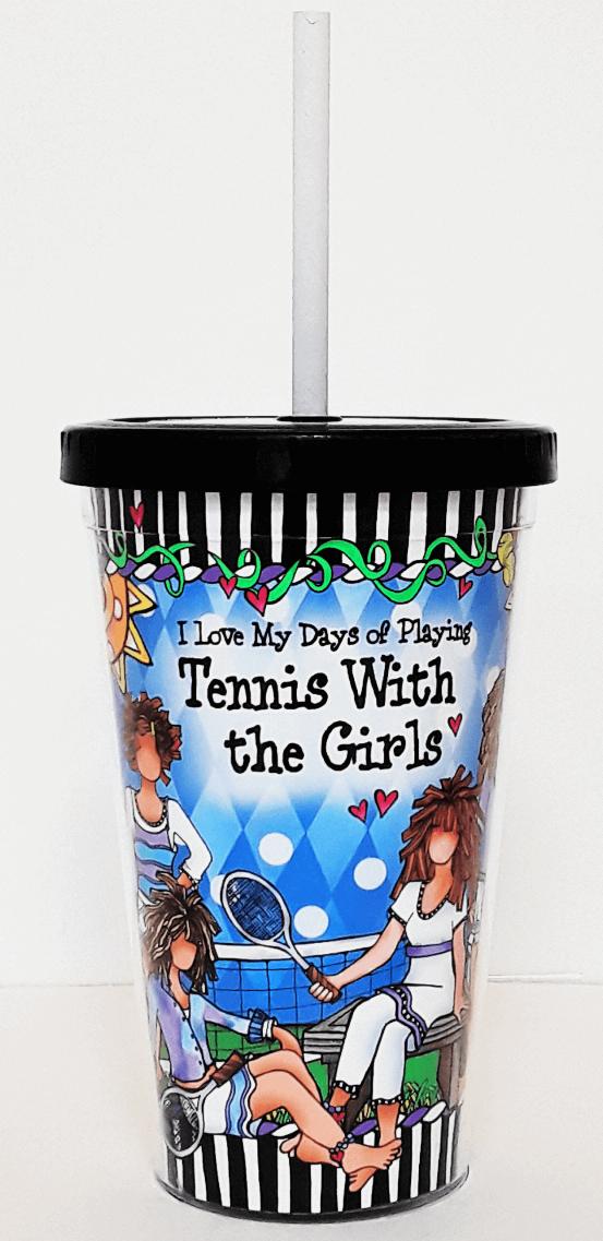 Tennis-themed plastic tumbler with lid and white straw, black rim and colorful tennis scene