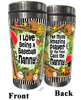 Stainless steel baseball tumbler set with lids, colorful Nanny graphic and text