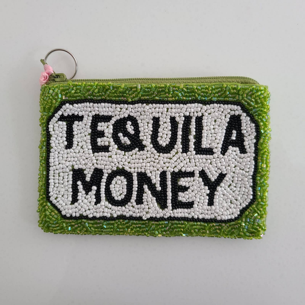 Green beaded coin purse, 'TEQUILA MONEY' beaded lettering, zipper pull ring