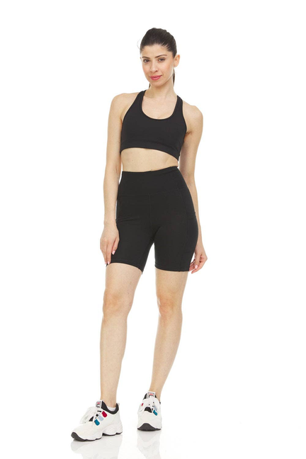 Women's high-waist tummy control yoga bike shorts, black, mid-thigh length