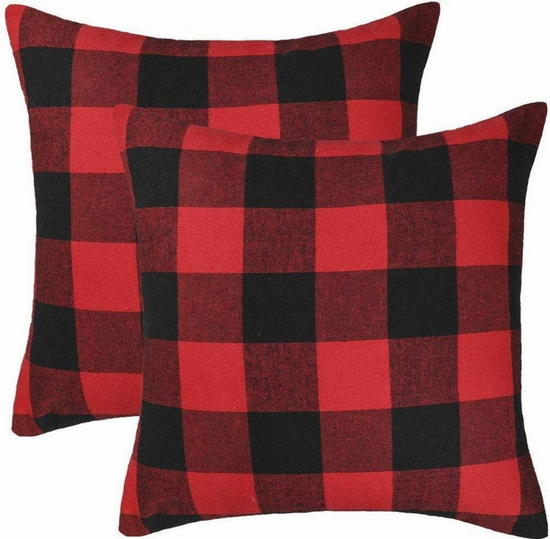 Two red and black buffalo plaid throw pillow covers, square fronts with stitched edges