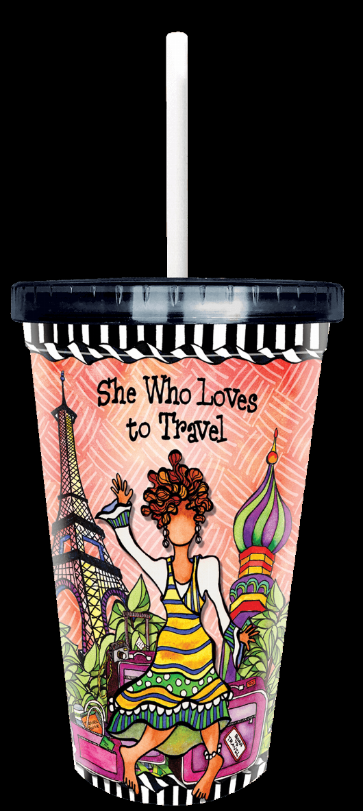 Printed travel cup with white straw; girl artwork and striped lid, “She Who Loves to Travel”