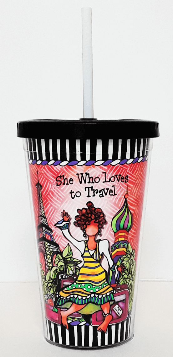 Printed travel cup with white straw; colorful illustration and “She Who Loves to Travel”