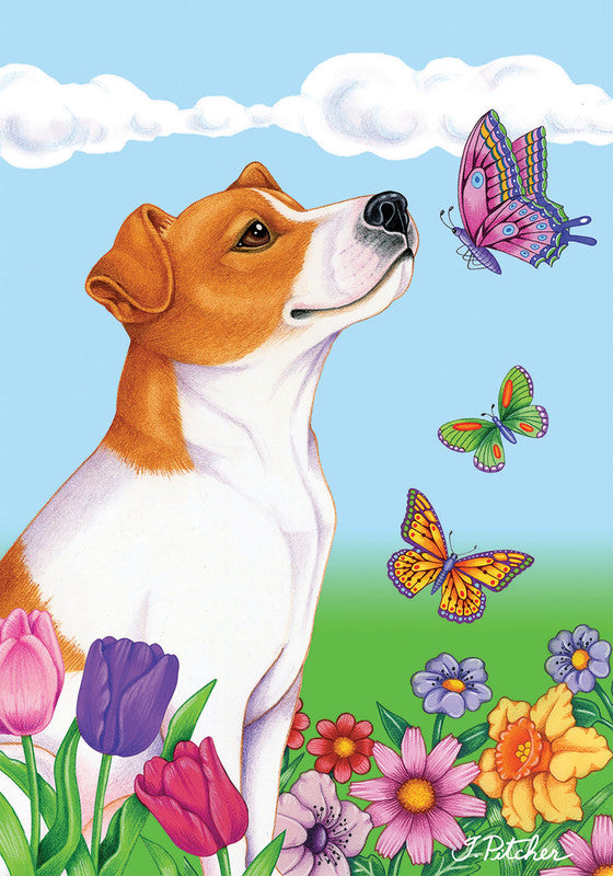 Garden flag with orange-and-white dog, colorful butterflies, and flower garden