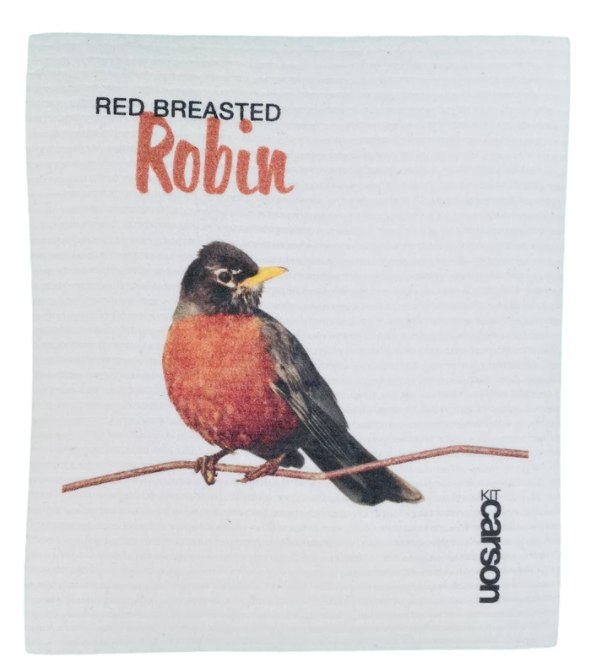 White dishcloth with red-breasted robin print and Carsson logo.