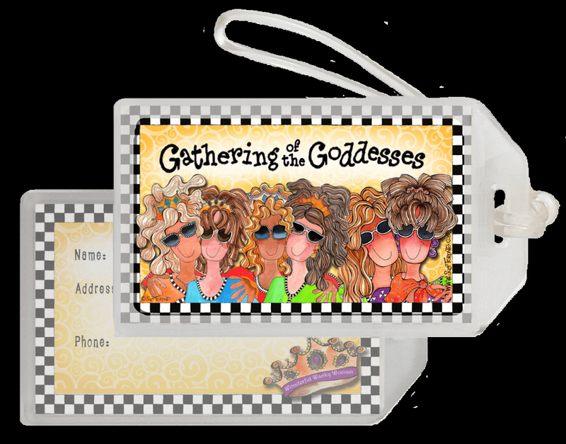 Gray luggage bag tag with string; front goddess collage, back shows name, address, phone lines