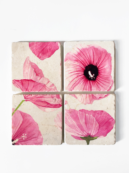 Coaster set of 4 taupe coasters with pink flower artwork