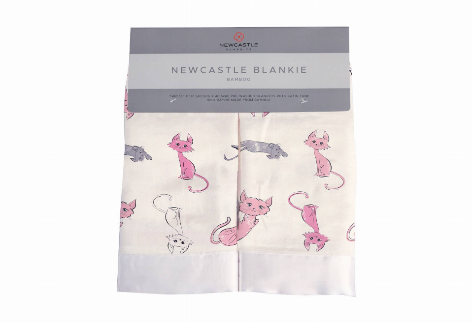 Light cream Newcastle blankie with pink and gray cartoon cats and kittens