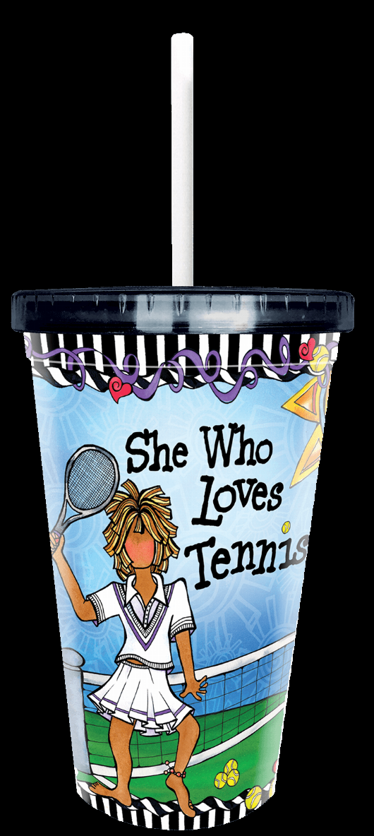 Tennis-themed plastic cup with clear lid, white straw, illustrated tennis player