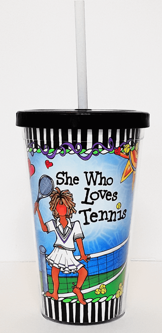 Tennis-themed plastic cup with black striped lid, white straw, “She Who Loves Tennis” art